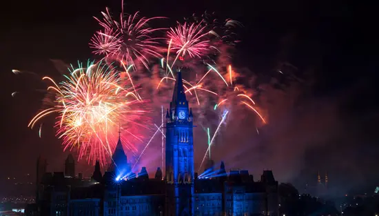 Fireworks light up the sky behind the Parliament buildings in Ottawa.